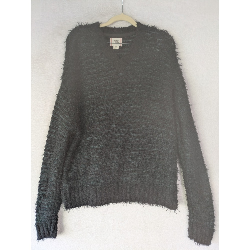 BDG Sweater Women's S Black Teal Marled Eyelash Knit V-Neck Oversized Pullover